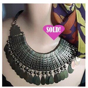 Tribal Ethnic Gypsy Boho Dark Black and Bronze Bib Collar with Dangles Necklace